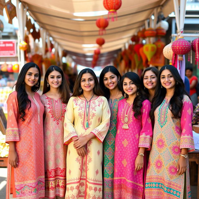 A group of stylish girls wearing colorful kameez shalwar outfits, showcasing vibrant fabrics with intricate embroidery and patterns