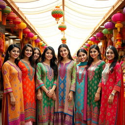 A group of stylish girls wearing colorful kameez shalwar outfits, showcasing vibrant fabrics with intricate embroidery and patterns