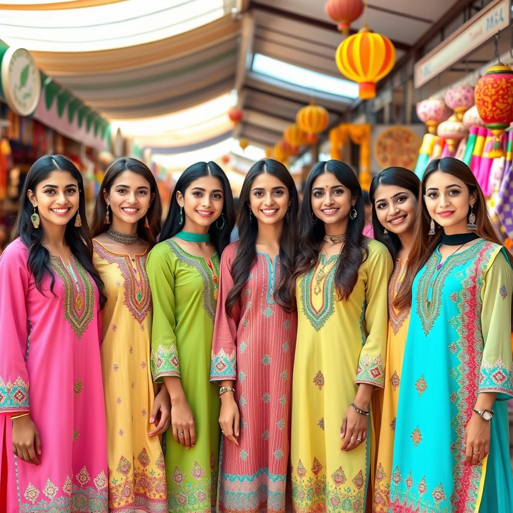 A group of stylish girls wearing colorful kameez shalwar outfits, showcasing vibrant fabrics with intricate embroidery and patterns