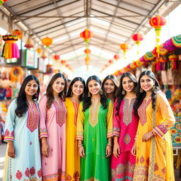 A group of stylish girls wearing colorful kameez shalwar outfits, showcasing vibrant fabrics with intricate embroidery and patterns