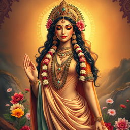 A majestic representation of an Indian goddess portrayed in a tasteful and artistic manner, celebrating her beauty and divine qualities