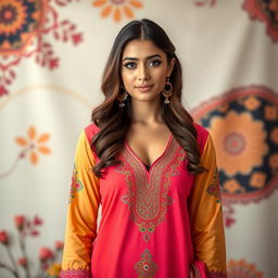A fashionable young woman wearing a vibrant kameez shalwar with intricate embroidery, showcasing a modest yet stylish design