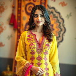 A fashionable young woman wearing a vibrant kameez shalwar with intricate embroidery, showcasing a modest yet stylish design