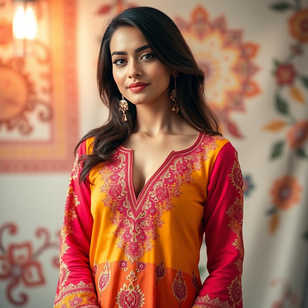 A fashionable young woman wearing a vibrant kameez shalwar with intricate embroidery, showcasing a modest yet stylish design