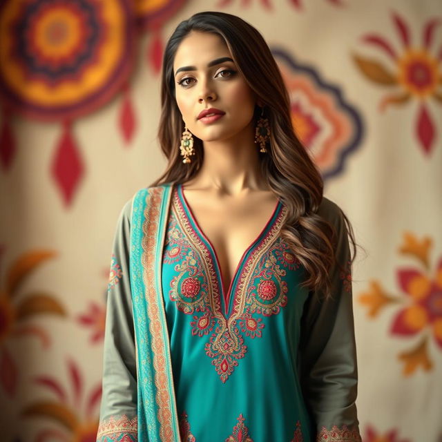 A fashionable young woman wearing a vibrant kameez shalwar with intricate embroidery, showcasing a modest yet stylish design