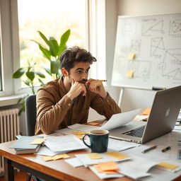 A person sitting at a desk covered with papers and a laptop, deep in thought while solving a complex problem