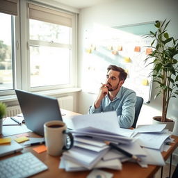 A person sitting at a desk covered with papers and a laptop, deep in thought while solving a complex problem