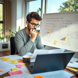 A person sitting at a desk covered with papers and a laptop, deep in thought while solving a complex problem
