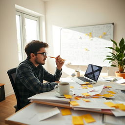 A person sitting at a desk covered with papers and a laptop, deep in thought while solving a complex problem