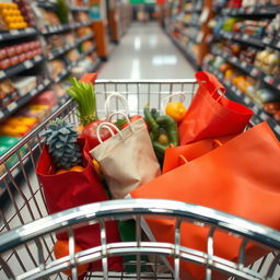 A high angle view inside a metal shopping cart, showcasing various colorful items such as fresh fruits, vegetables, and stylish grocery bags