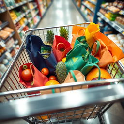 A high angle view inside a metal shopping cart, showcasing various colorful items such as fresh fruits, vegetables, and stylish grocery bags