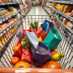 A high angle view inside a metal shopping cart, showcasing various colorful items such as fresh fruits, vegetables, and stylish grocery bags