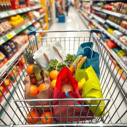 A high angle view inside a metal shopping cart, showcasing various colorful items such as fresh fruits, vegetables, and stylish grocery bags