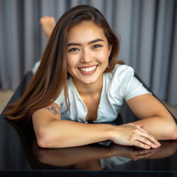 A portrait of a young woman with long brunette hair, lying on her stomach on a sleek black table