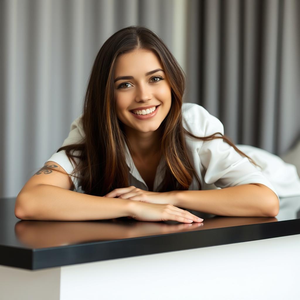 A portrait of a young woman with long brunette hair, lying on her stomach on a sleek black table