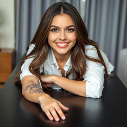 A portrait of a young woman with long brunette hair, lying on her stomach on a sleek black table