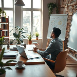 A serene and focused workspace designed for problem-solving, featuring a large wooden desk with organized papers, a laptop, and a steaming cup of coffee