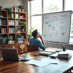 A serene and focused workspace designed for problem-solving, featuring a large wooden desk with organized papers, a laptop, and a steaming cup of coffee