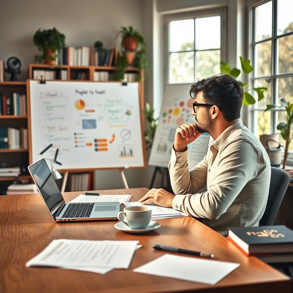 A serene and focused workspace designed for problem-solving, featuring a large wooden desk with organized papers, a laptop, and a steaming cup of coffee