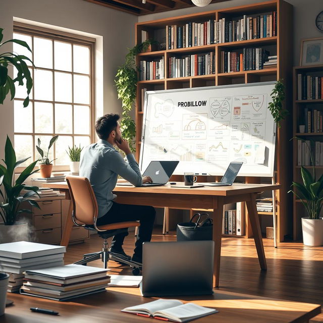 A serene and focused workspace designed for problem-solving, featuring a large wooden desk with organized papers, a laptop, and a steaming cup of coffee