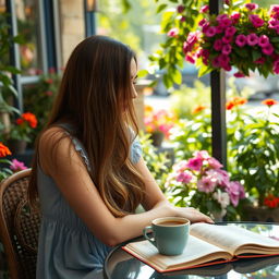 A serene scene of a woman sitting in a cozy outdoor café, deep in thought