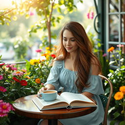 A serene scene of a woman sitting in a cozy outdoor café, deep in thought