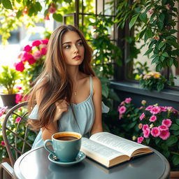 A serene scene of a woman sitting in a cozy outdoor café, deep in thought