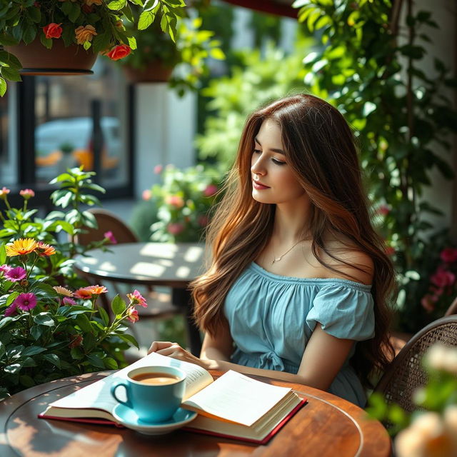 A serene scene of a woman sitting in a cozy outdoor café, deep in thought