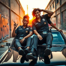 Two female police officers hanging from a Magnum, showcasing a dynamic and adventurous scene