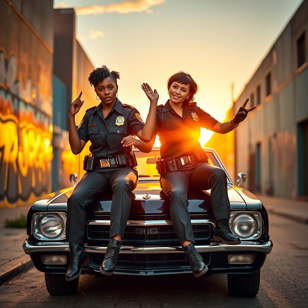 Two female police officers hanging from a Magnum, showcasing a dynamic and adventurous scene