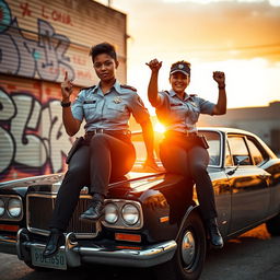 Two female police officers hanging from a Magnum, showcasing a dynamic and adventurous scene