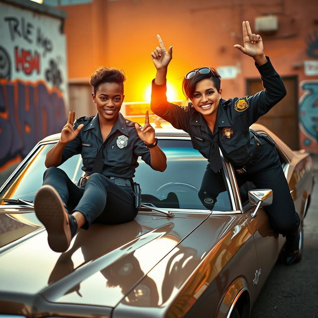 Two female police officers hanging from a Magnum, showcasing a dynamic and adventurous scene