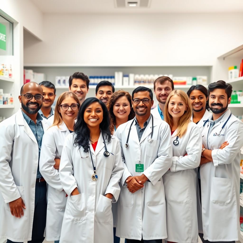 A diverse group of pharmacists standing together confidently in a bright, modern pharmacy setting