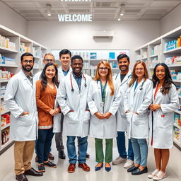 A diverse group of pharmacists standing together confidently in a bright, modern pharmacy setting