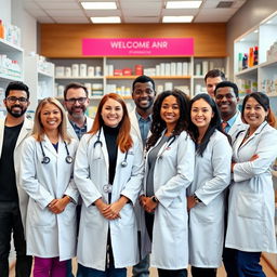 A diverse group of pharmacists standing together confidently in a bright, modern pharmacy setting
