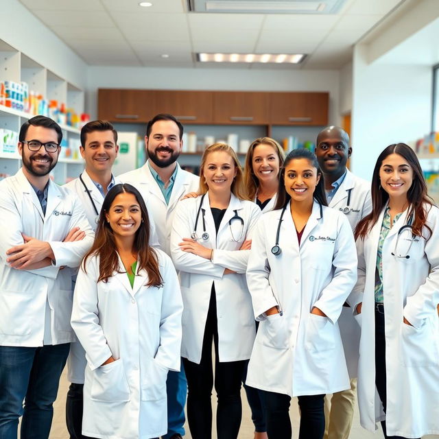 A diverse group of pharmacists standing together confidently in a bright, modern pharmacy setting