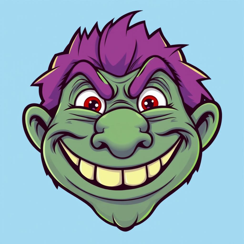 A cartoonish troll face emphasizing exaggerated facial features like a massive grin, mischievous eyes, and an oversized nose