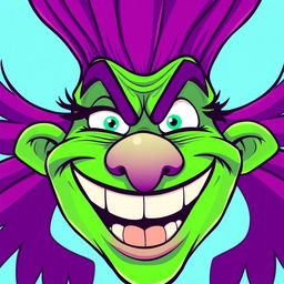 A cartoonish troll face emphasizing exaggerated facial features like a massive grin, mischievous eyes, and an oversized nose