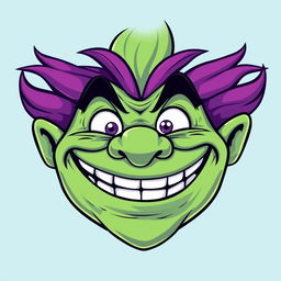 A cartoonish troll face emphasizing exaggerated facial features like a massive grin, mischievous eyes, and an oversized nose