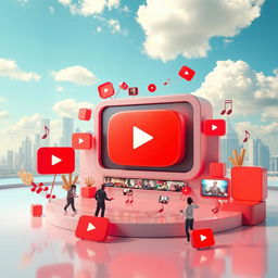 A visually stunning representation of a YouTube-themed 3D environment, featuring iconic elements like the red YouTube play button, a digital screen displaying various videos, and vibrant, colorful graphics that capture the essence of video sharing