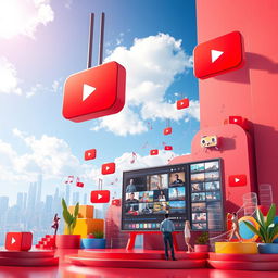 A visually stunning representation of a YouTube-themed 3D environment, featuring iconic elements like the red YouTube play button, a digital screen displaying various videos, and vibrant, colorful graphics that capture the essence of video sharing