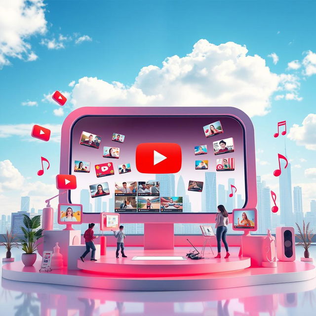 A visually stunning representation of a YouTube-themed 3D environment, featuring iconic elements like the red YouTube play button, a digital screen displaying various videos, and vibrant, colorful graphics that capture the essence of video sharing