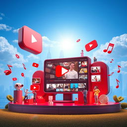 A visually stunning representation of a YouTube-themed 3D environment, featuring iconic elements like the red YouTube play button, a digital screen displaying various videos, and vibrant, colorful graphics that capture the essence of video sharing