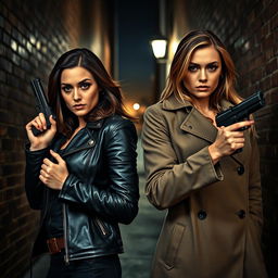 A dramatic scene featuring two strong women detectives, one with a rugged look wearing a leather jacket and the other with a sleek appearance in a trench coat, both confidently holding magnum revolvers