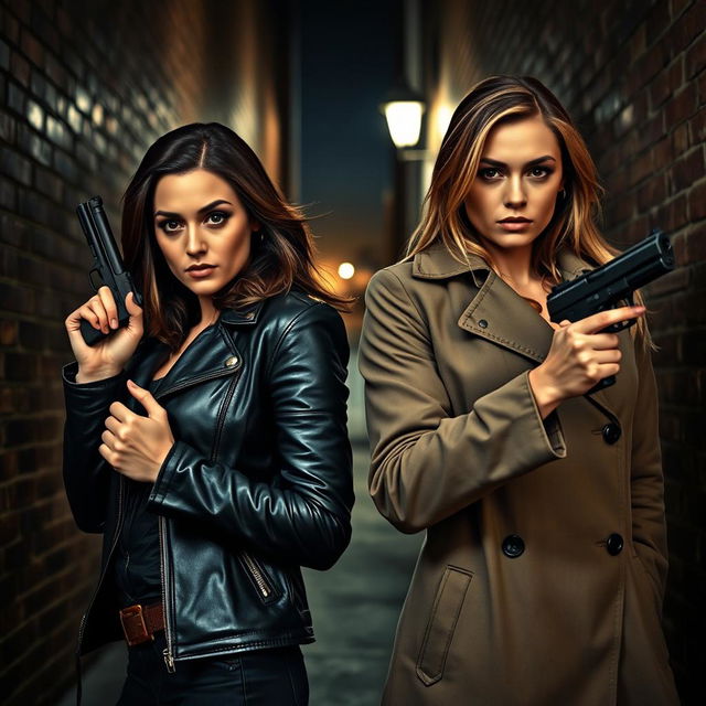 A dramatic scene featuring two strong women detectives, one with a rugged look wearing a leather jacket and the other with a sleek appearance in a trench coat, both confidently holding magnum revolvers