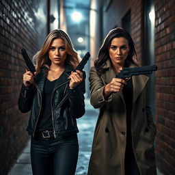 A dramatic scene featuring two strong women detectives, one with a rugged look wearing a leather jacket and the other with a sleek appearance in a trench coat, both confidently holding magnum revolvers