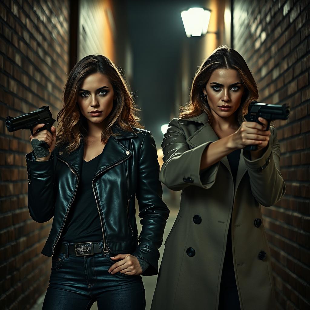 A dramatic scene featuring two strong women detectives, one with a rugged look wearing a leather jacket and the other with a sleek appearance in a trench coat, both confidently holding magnum revolvers