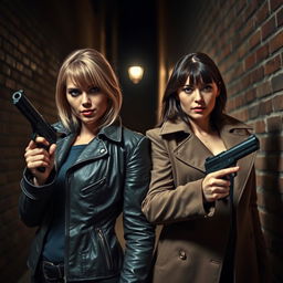 A dramatic scene featuring two strong women detectives, one with a rugged look wearing a leather jacket and the other with a sleek appearance in a trench coat, both confidently holding magnum revolvers