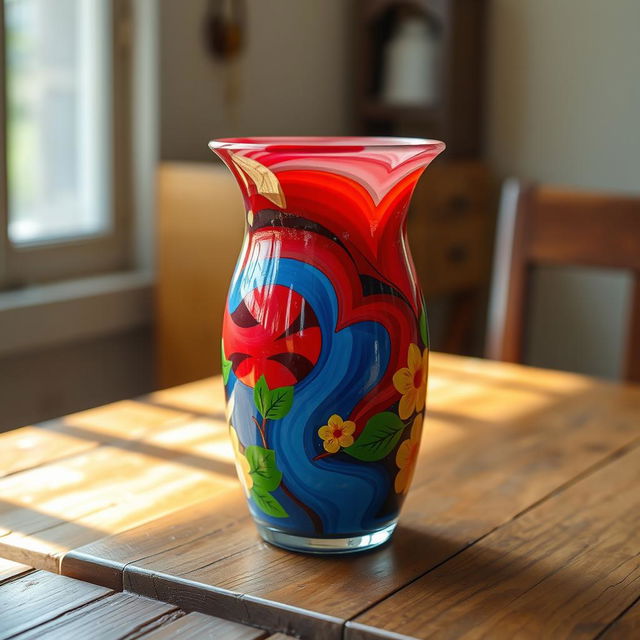 A medium-sized vase, beautifully painted using only red, blue, green, and yellow colors