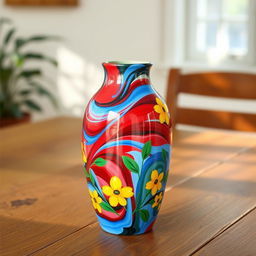A medium-sized vase, beautifully painted using only red, blue, green, and yellow colors